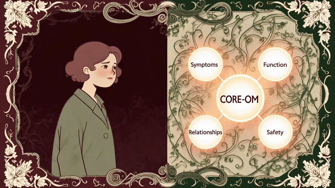 Dvě scény: terapeut s prázdnou stěnou a terapeut s glowing dashboardem CORE-OM s květinovými motivy.