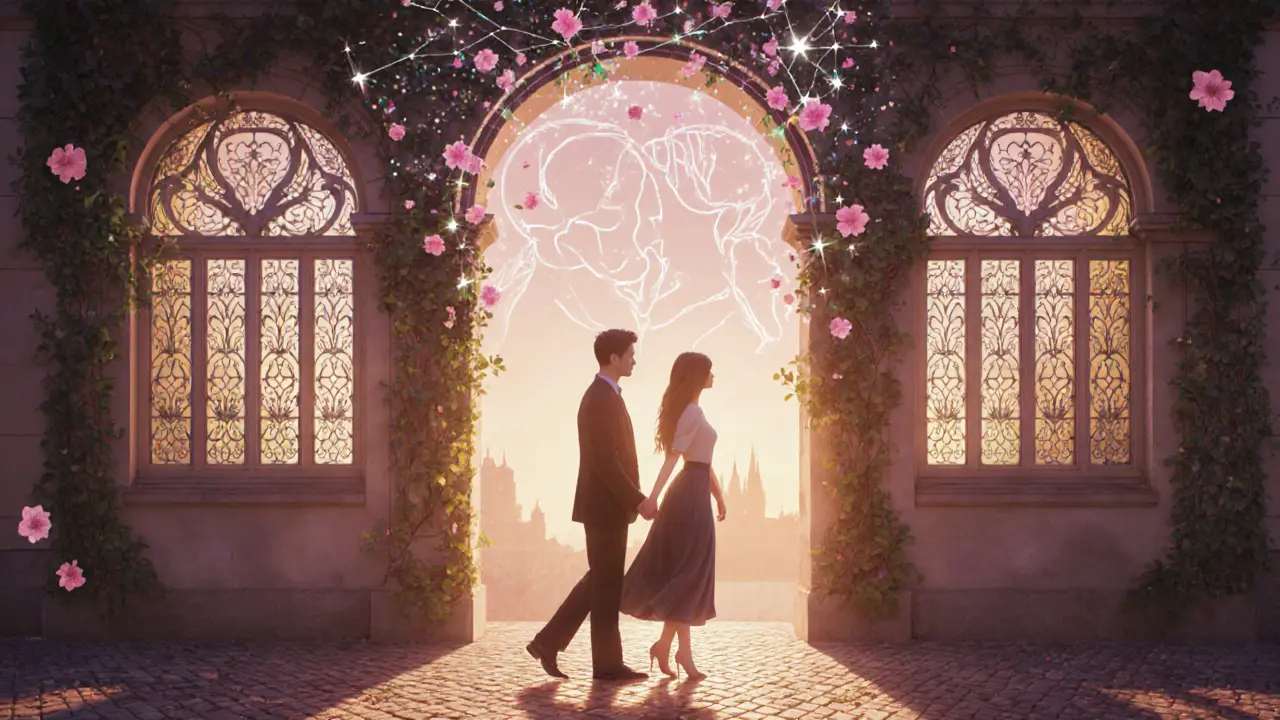 Dvojice kráčí společně, jejich stíny se slučují, zatímco hvězdy tvoří obraz objímacích postav.