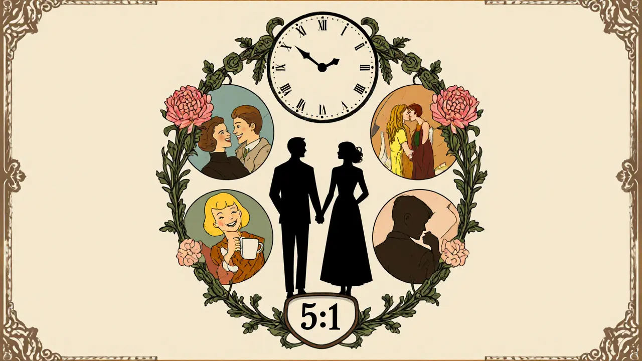 Hodiny s květinovými ručičkami ukazují pět pozitivních interakcí nad jednou negativní, symbolizující poměr 5:1.