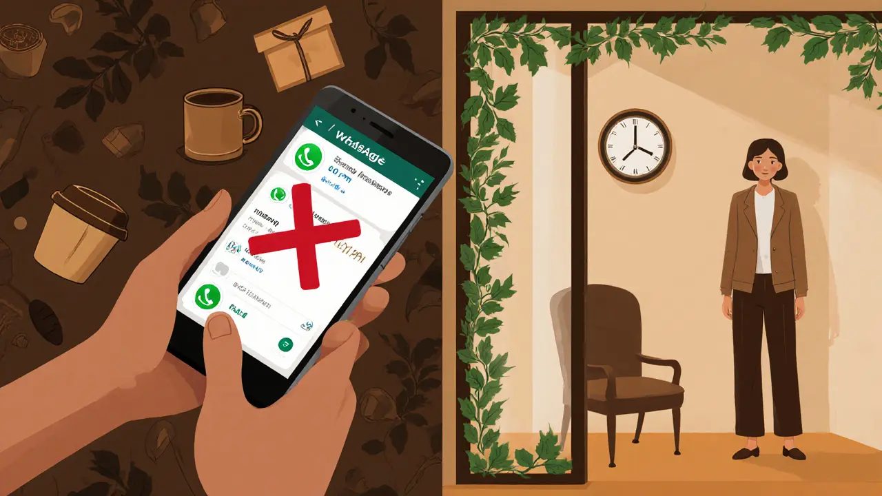 Klient odmítá zprávy na telefonu, terapeut za skleněnou přepážkou s listím.