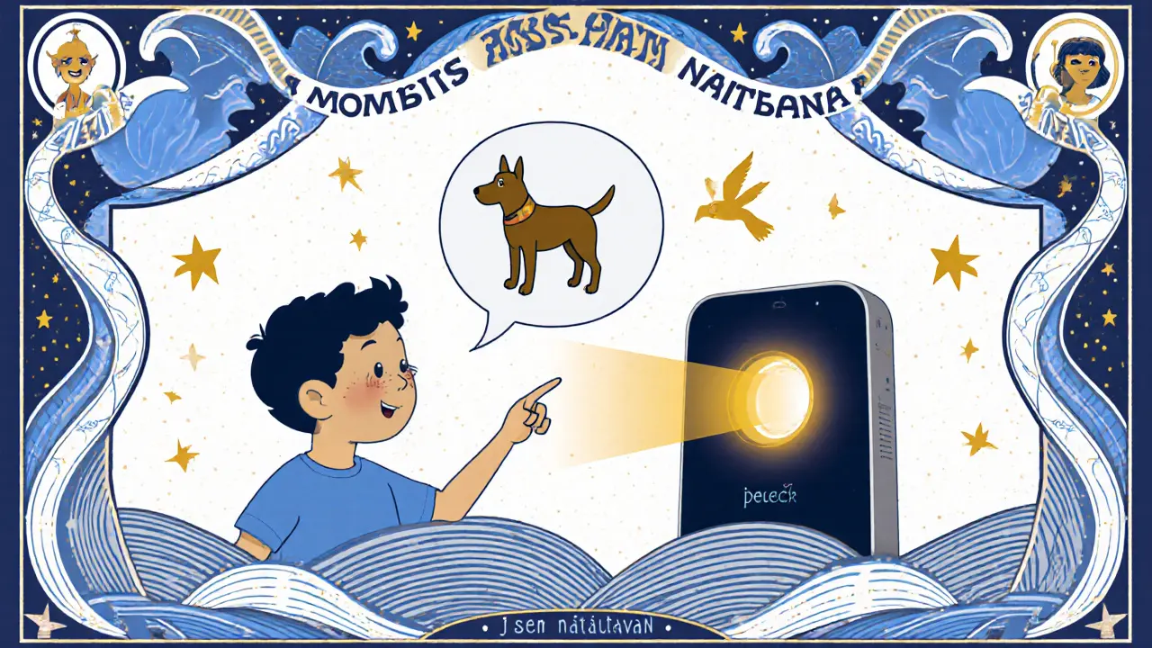 Kombinace fyzického obrázku a hlasového zařízení, symbolizující hybridní komunikaci.