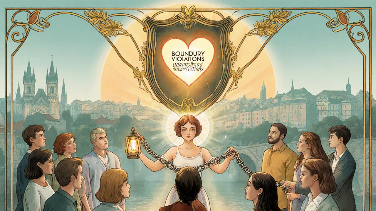 Lidé lámají řetězy, nad nimi světlo ochrany ve stylu Art Nouveau.