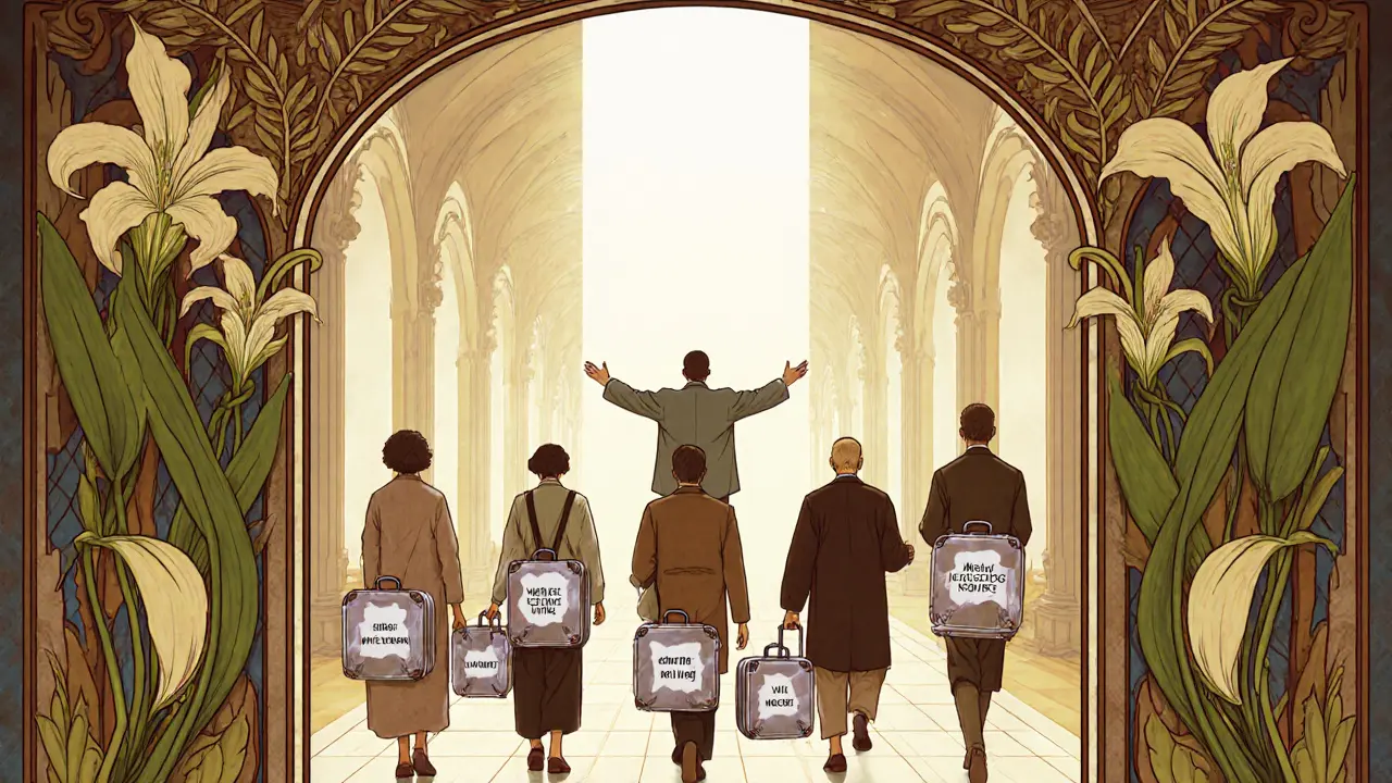 Lidé přicházejí s těžkými kufříky emocí do světlé místnosti, kde je terapeut vítá s otevřenými rukama.