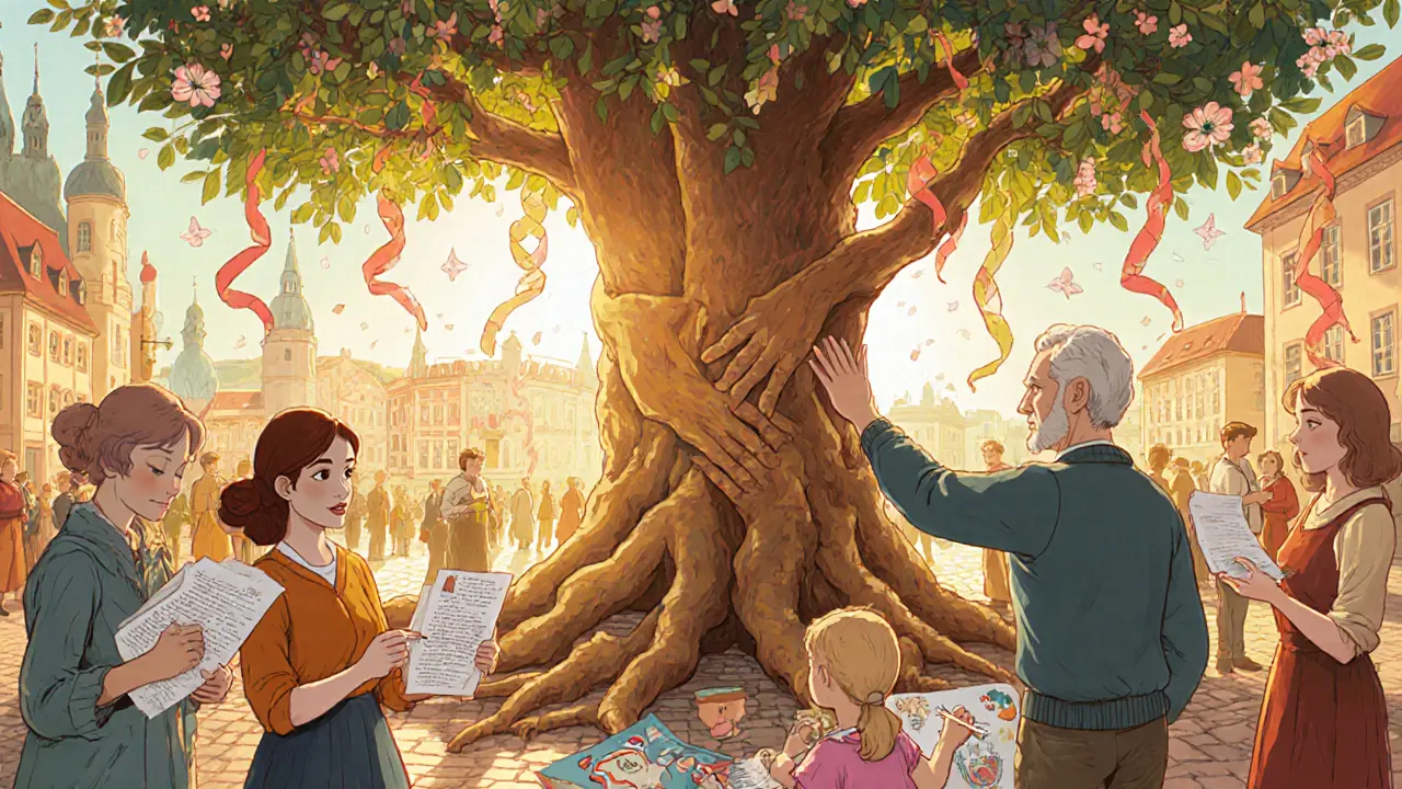 Lidé se shromažďují pod stromem, sdílejí příběhy a kreslí paměť, zářivý scénář hojící komunity.