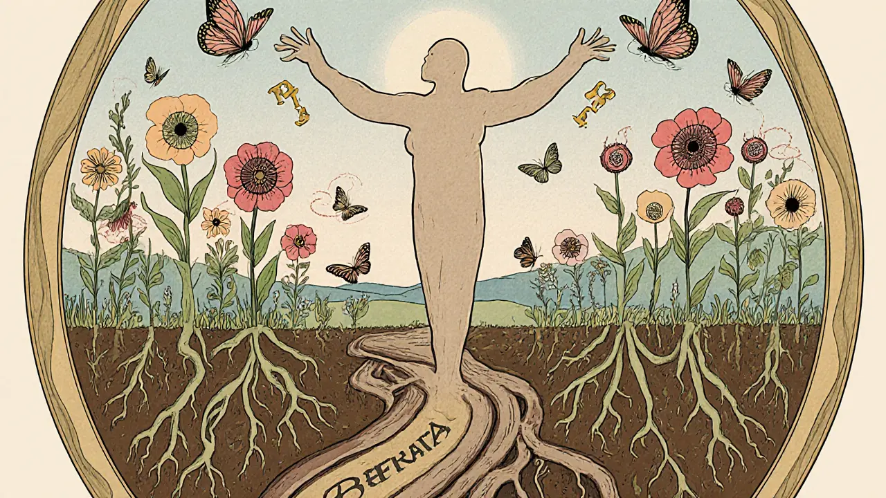 Lidská mysl jako květinová zahrada s květy označenými klíčovými pojmy terapie.