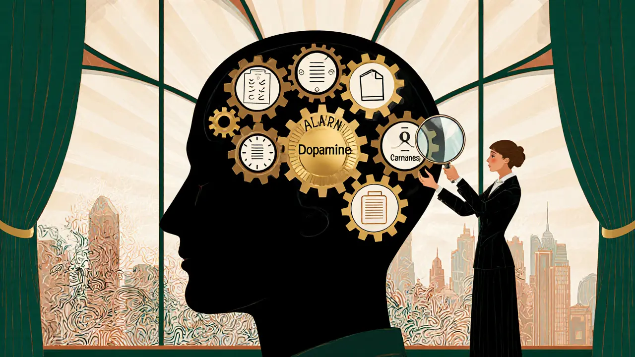 Lidský mozek jako mechanická hodina s ozubenými koly tvaru úkolů, napájený zlatým jádrem dopaminu.