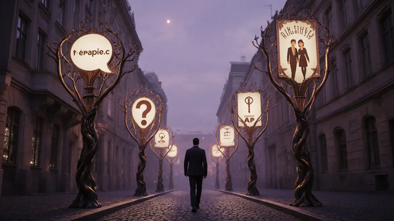 Muž kráčí ulicí s reklamními tabulemi terapeutických služeb v Art Nouveau stylu.