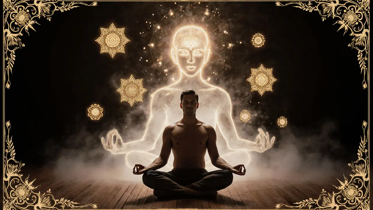 Muž v jóga poloze je obklopen vibracemi a mandalami, zatímco tma se rozptýlí kolem něj.