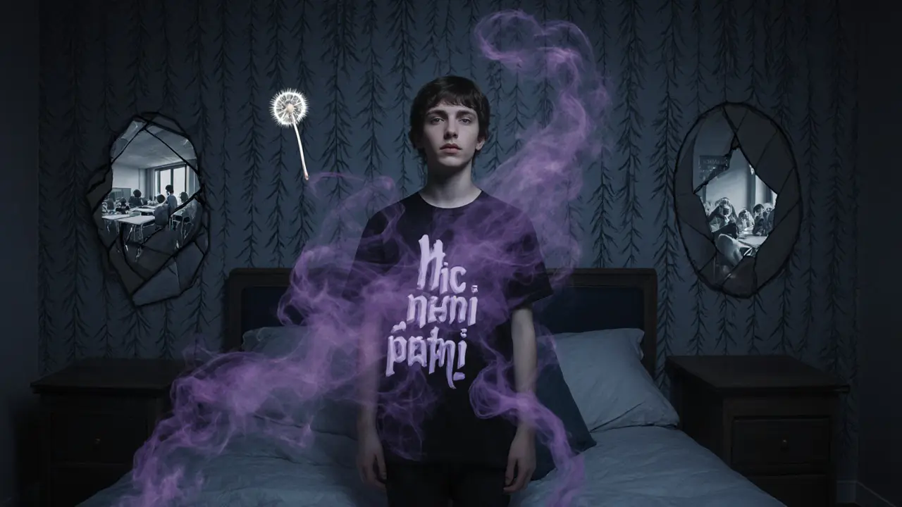 Nepřítomný dospívající je částečně rozpuštěn v kouři, který tvoří slova &#039;Nic není špatně&#039;, kolem něj se odrážejí zlomené scény ze školy.