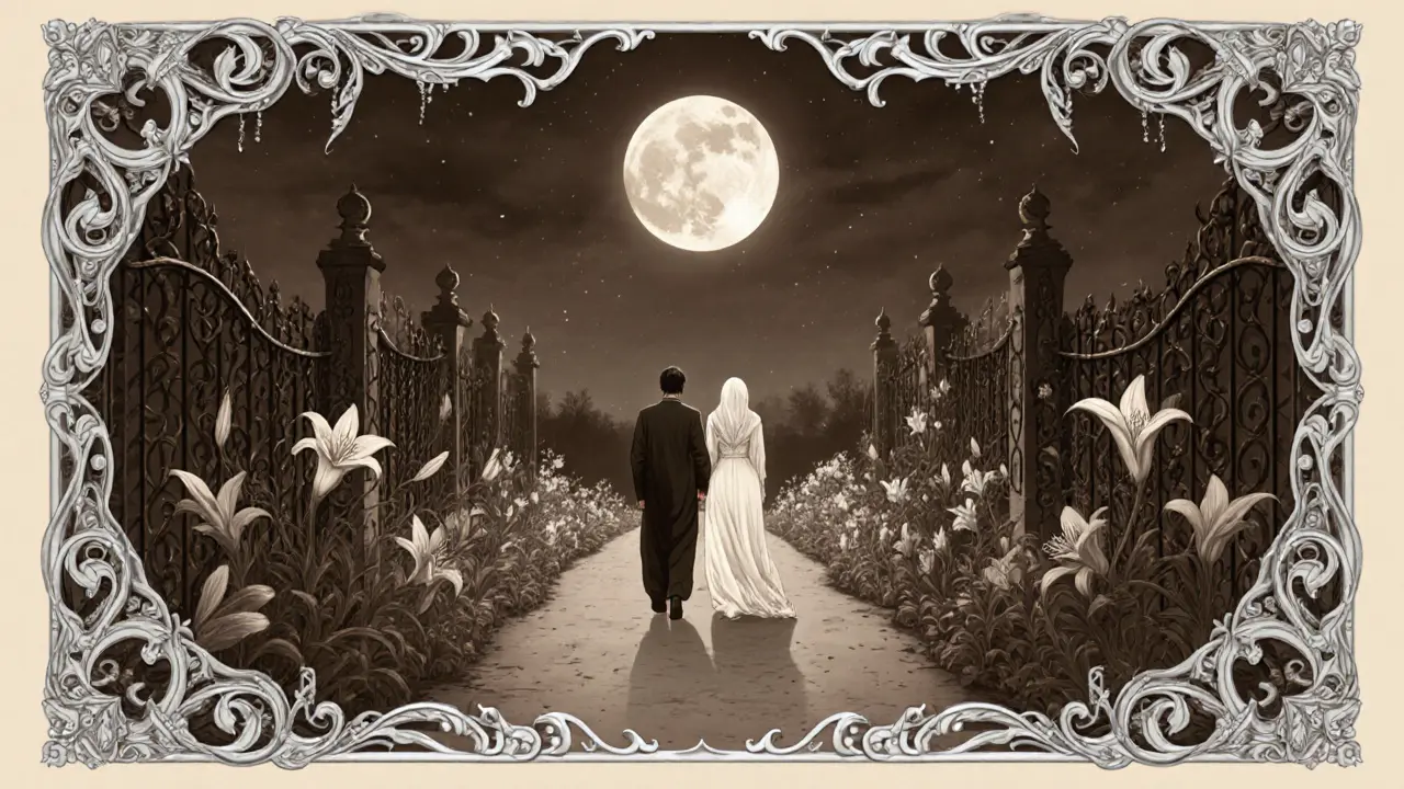 Pár se vzdalující se po měsíční cestě, jeden světlý, druhý ve stínu, symbolizující klidný rozchod.