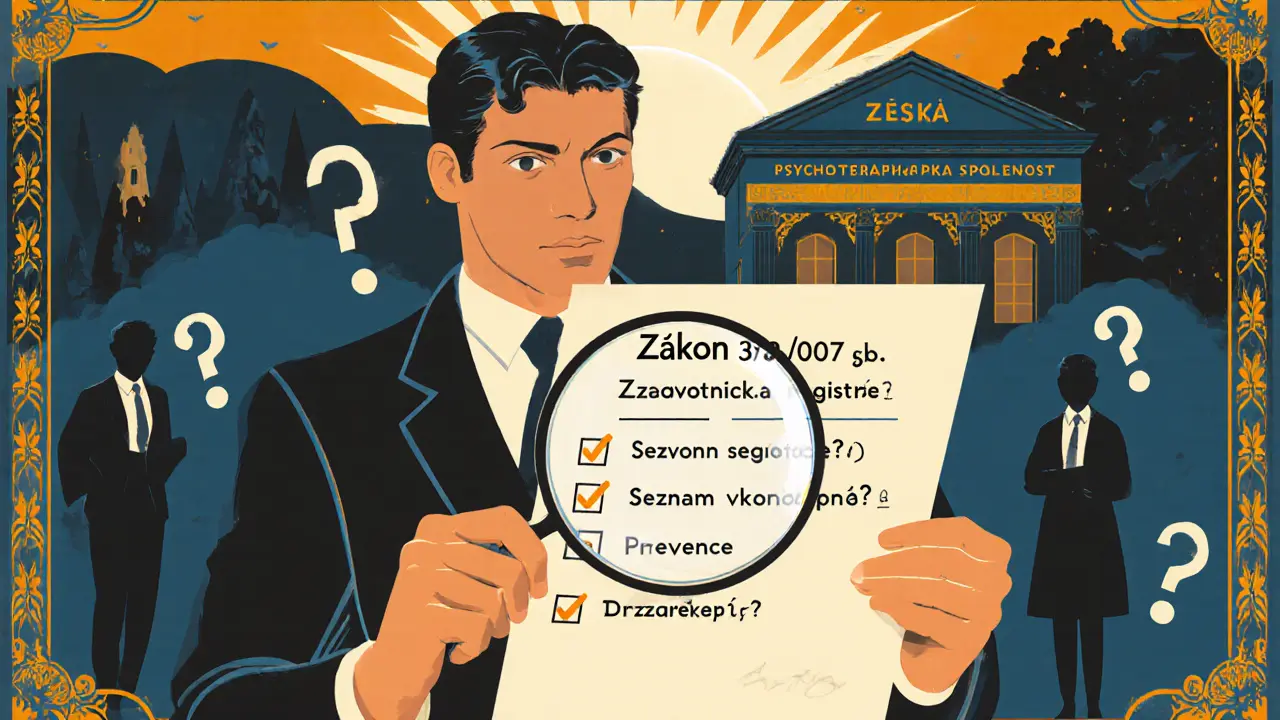 Podnikatel prochází právní dokument s kontrolním seznamem pro daňově uplatnitelnou psychoterapii.