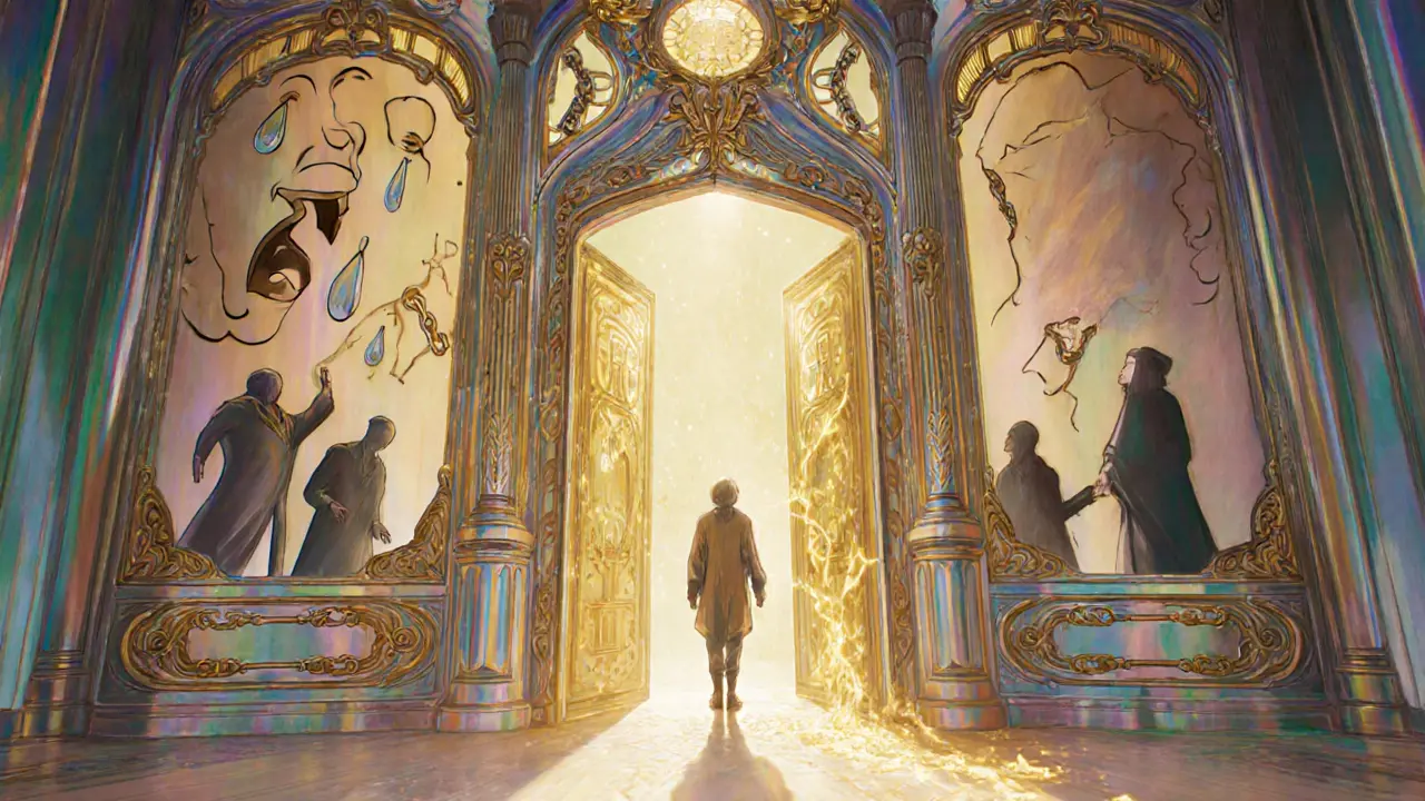 Postava stojí u dveří, za ní stíny očekávání, před ní zářící světlo svobody.