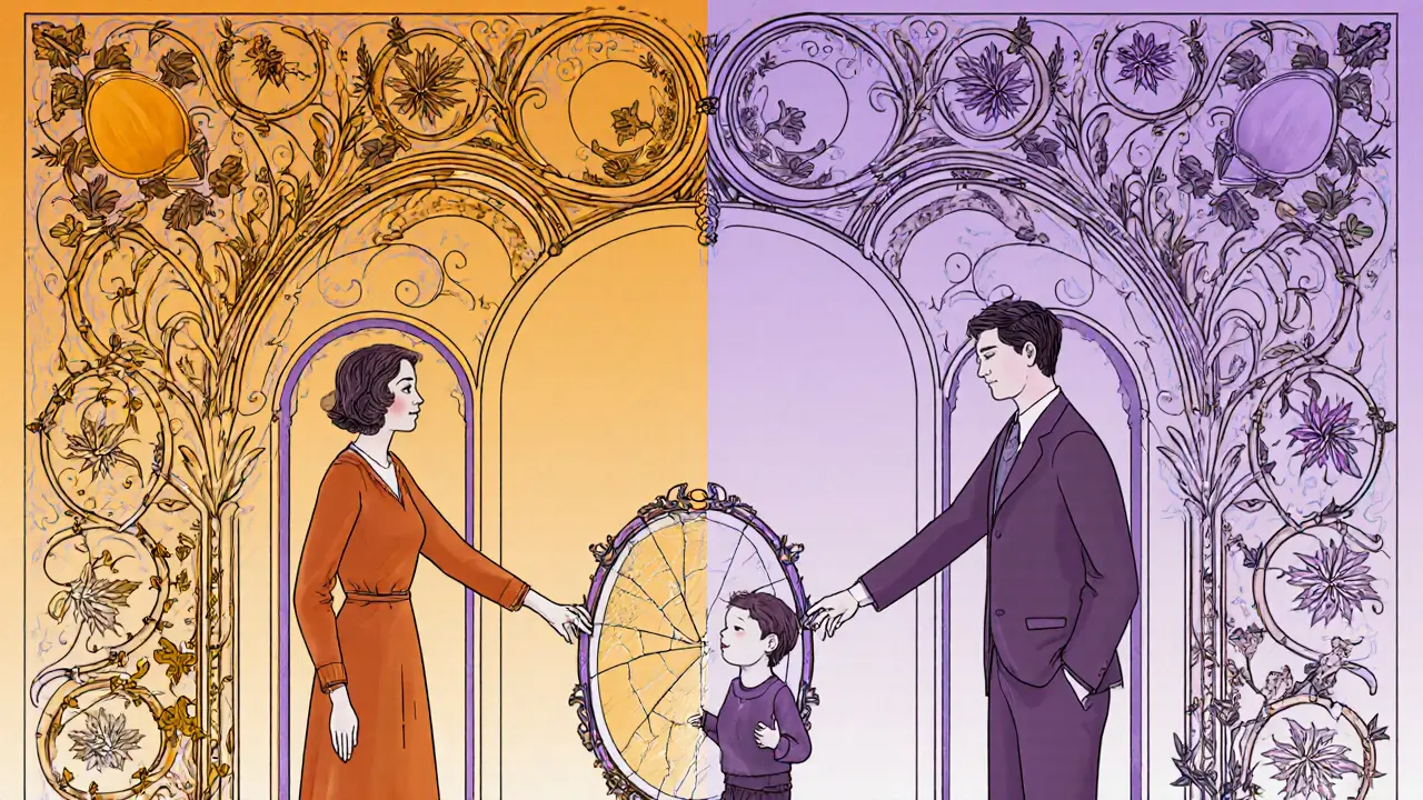 Rodiče stojí na protilehlých stranách dveří, dítě v prostředku drží rozbité zrcadlo.