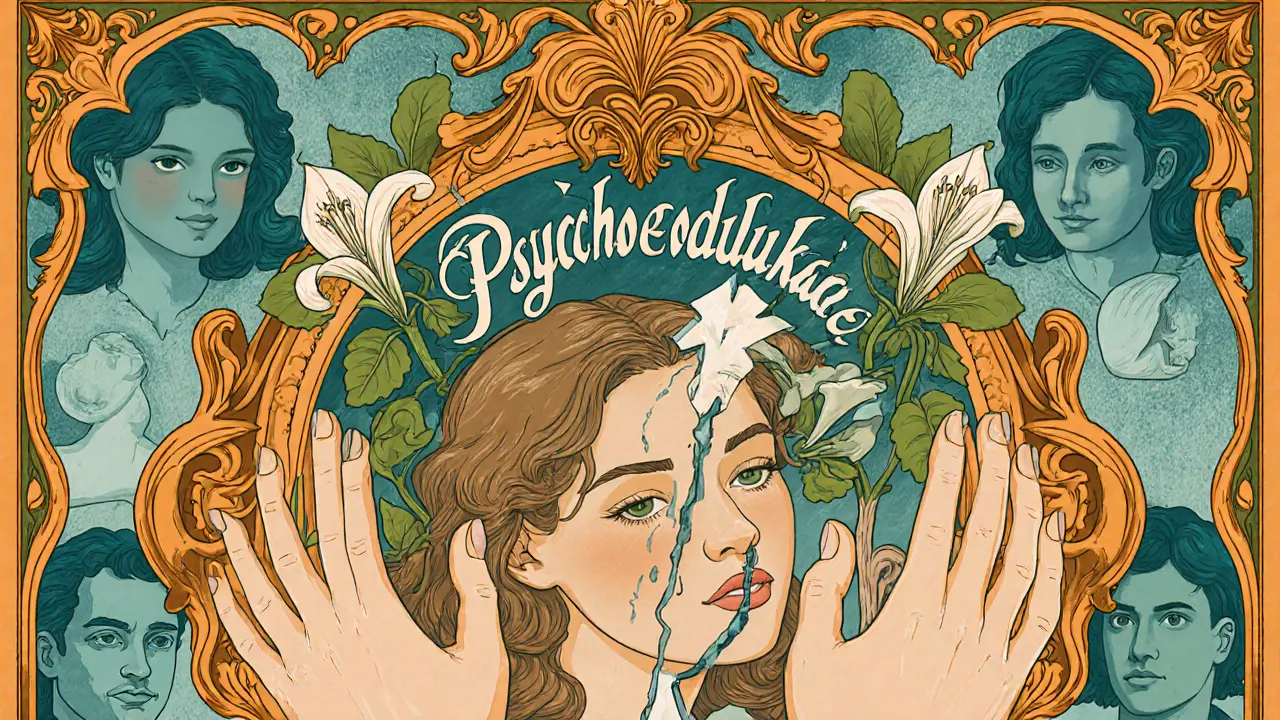 Rodina drží kusy rozbitého zrcadla, z něhož rostou květiny, symbolizující hojení.