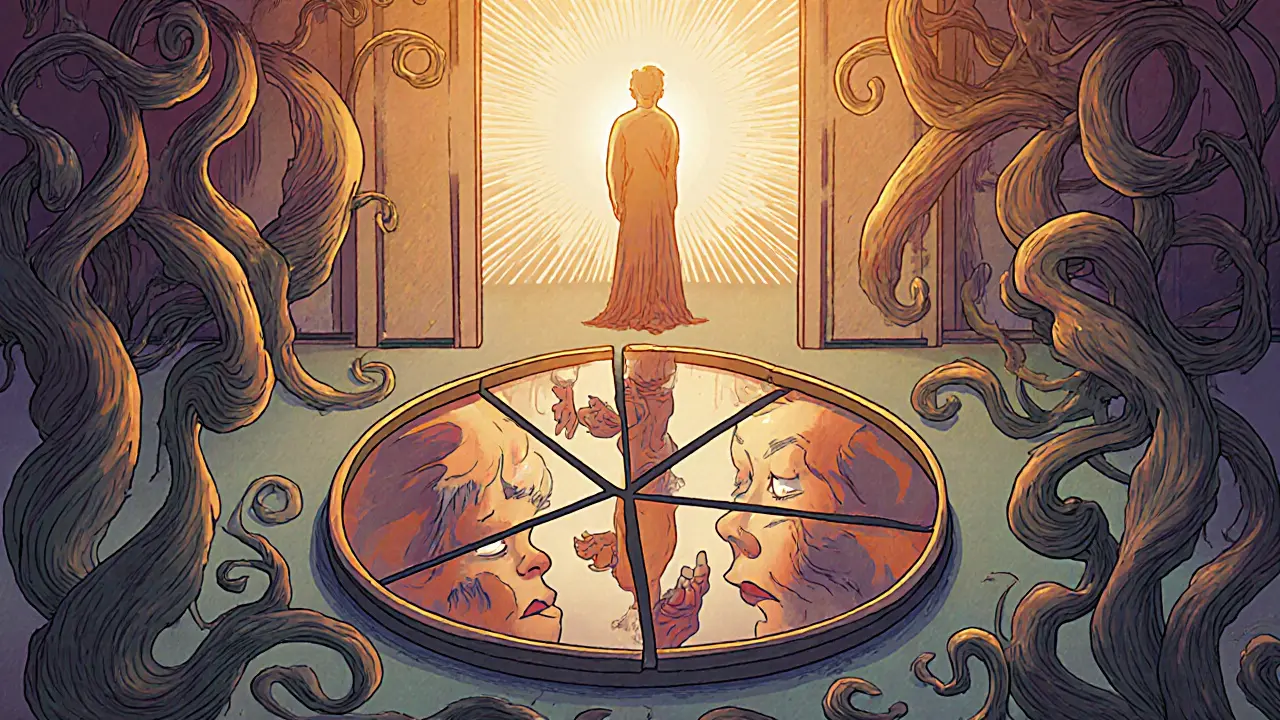 Rozdělený člověk se odráží ve zrcadle, zatímco terapeut září světlem bez soudů.