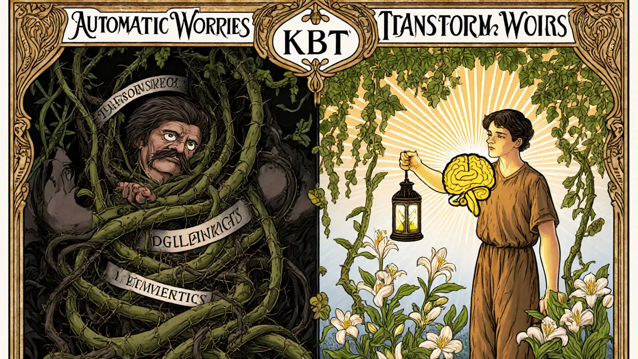 Rozdělený obrázek: stresující postava v trnitéch výhře a ta samá osvobozená, když se myšlenky mění v květiny.