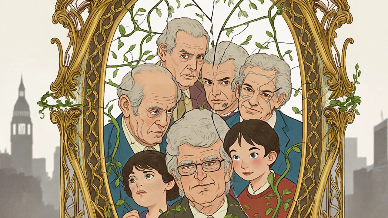 Rozdrcené zrcadlo odrazuje více generací, obklopeno šperkovanými větvemi, symbolizujícími přenos bolesti.