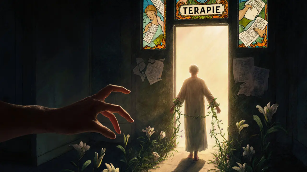 Ruka táhnoucí se k světlé dveřím s nápisem &#039;Terapie&#039;, obklopená květinami a rozpadajícími se dietními plány.
