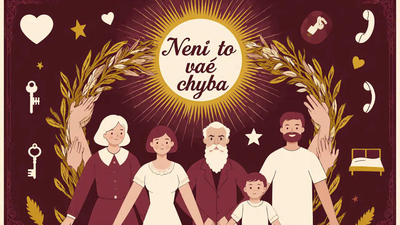 Různé osoby pod stromem rukou, s textem „Není to vaše chyba“ a symboly pomoci.