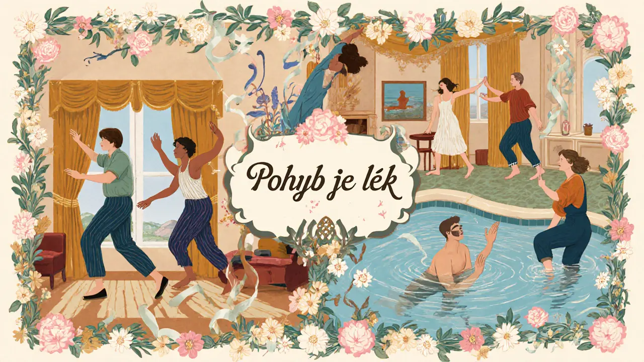 Různí lidé cvičí různými způsoby, propojení květinami a světlem, symbolizující přirozenou léčbu pohybem.