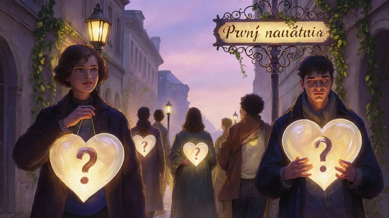 Různí lidé jdou ulicí s lucernami ve tvaru srdcí a otazníků pod květinovým nebem.