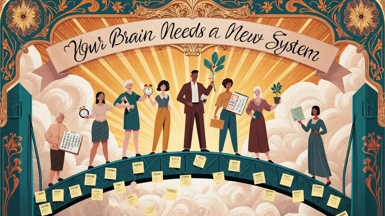 Skupina dospělých stojí na mostě z poznámek, drží nástroje pro organizaci, stíny prokrastinace se rozplynou ve světle.