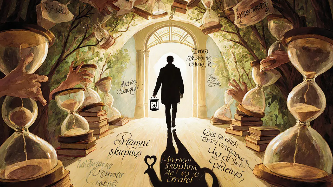 Studentka kráčí tunelem knih, její stín se mění v terapeuta, světlo září na konci.