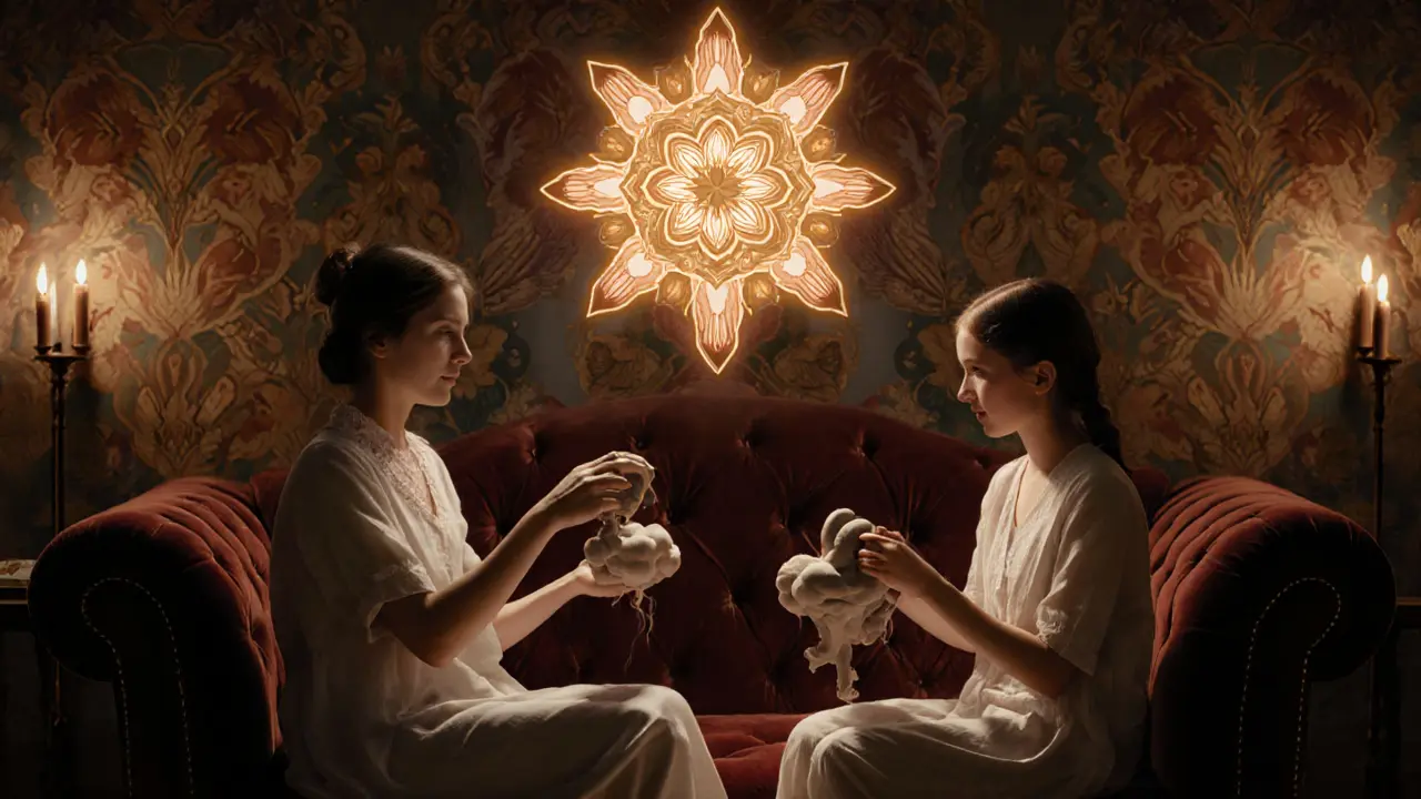 Terapeut a dítě hrají s hlínou, která tvaruje draka, mrak a klíč, nad nimi se vznáší svítící mandala rukou a srdcí ve stylu Art Nouveau.