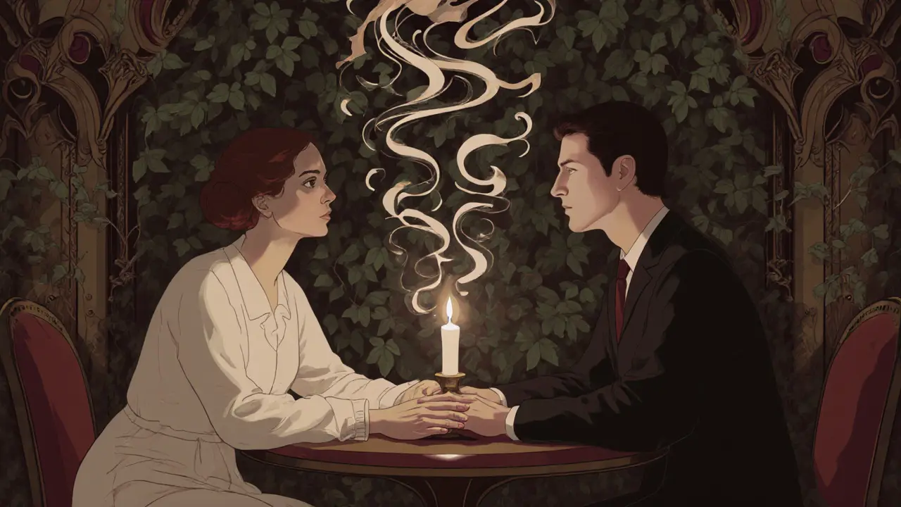 Terapeut a klient sedí naproti sobě, mezi nimi stoupají listy a kapky jako myšlenky.