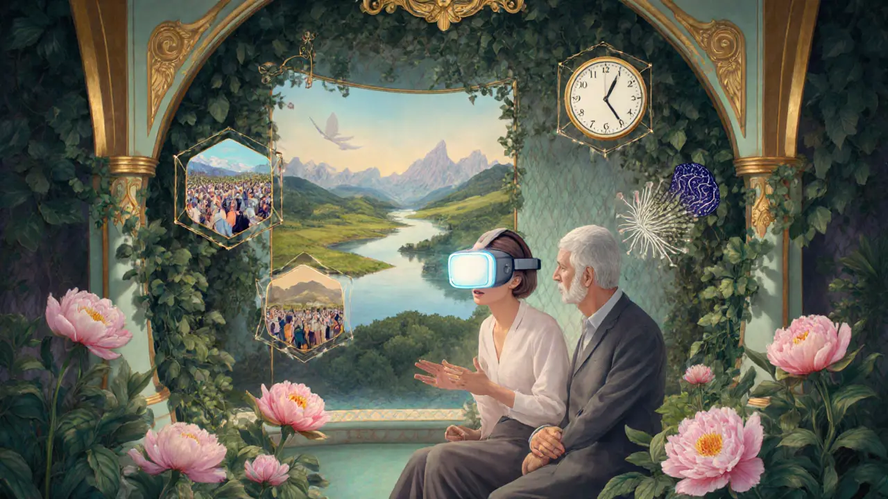 Terapeut a pacient používají virtuální realitu s klidnými krajinami, v stylu art nouveau s květinami a geometrickými tvary.