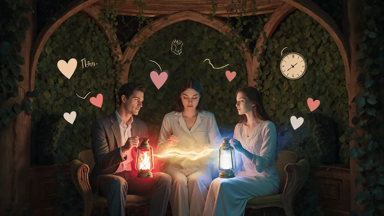 Terapeut pomáhá dvojici sjednotit jejich světla, která se spojují do jednoho zlatého proudu.