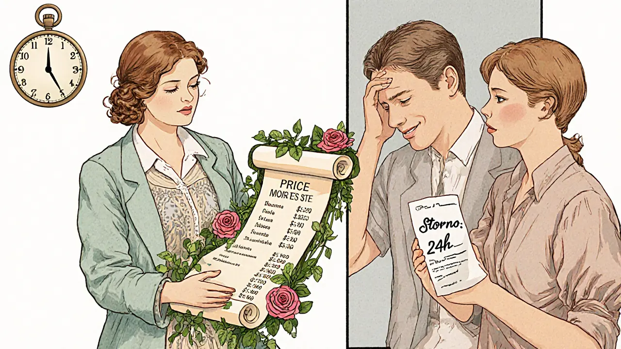 Terapeut předává klientce ceník s motivy růží a ivy, vedle něj hodiny ukazují 48 hodin.