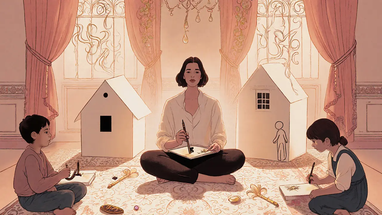 Terapeut s dětmi kreslí domy bez dveří, kolem nich se vinou květy a dekorativní vzory.