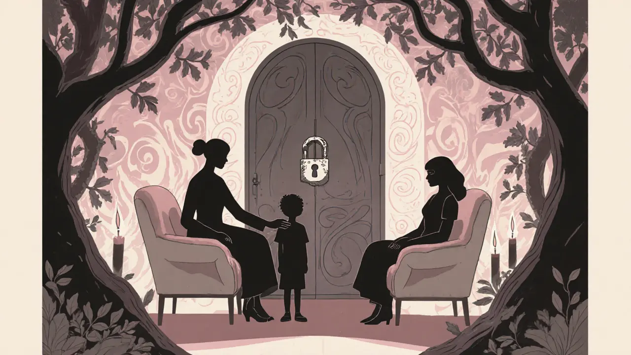 Tiché útočiště s ženami a dětmi, kde je dveře zapečetěny zlomeným řetězem.