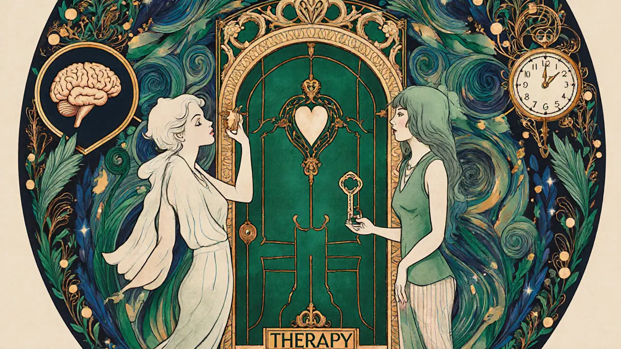 Tři postavy předávají klíč k terapii, obklopené květinovými motivy symbolizujícími důvěru a čas.