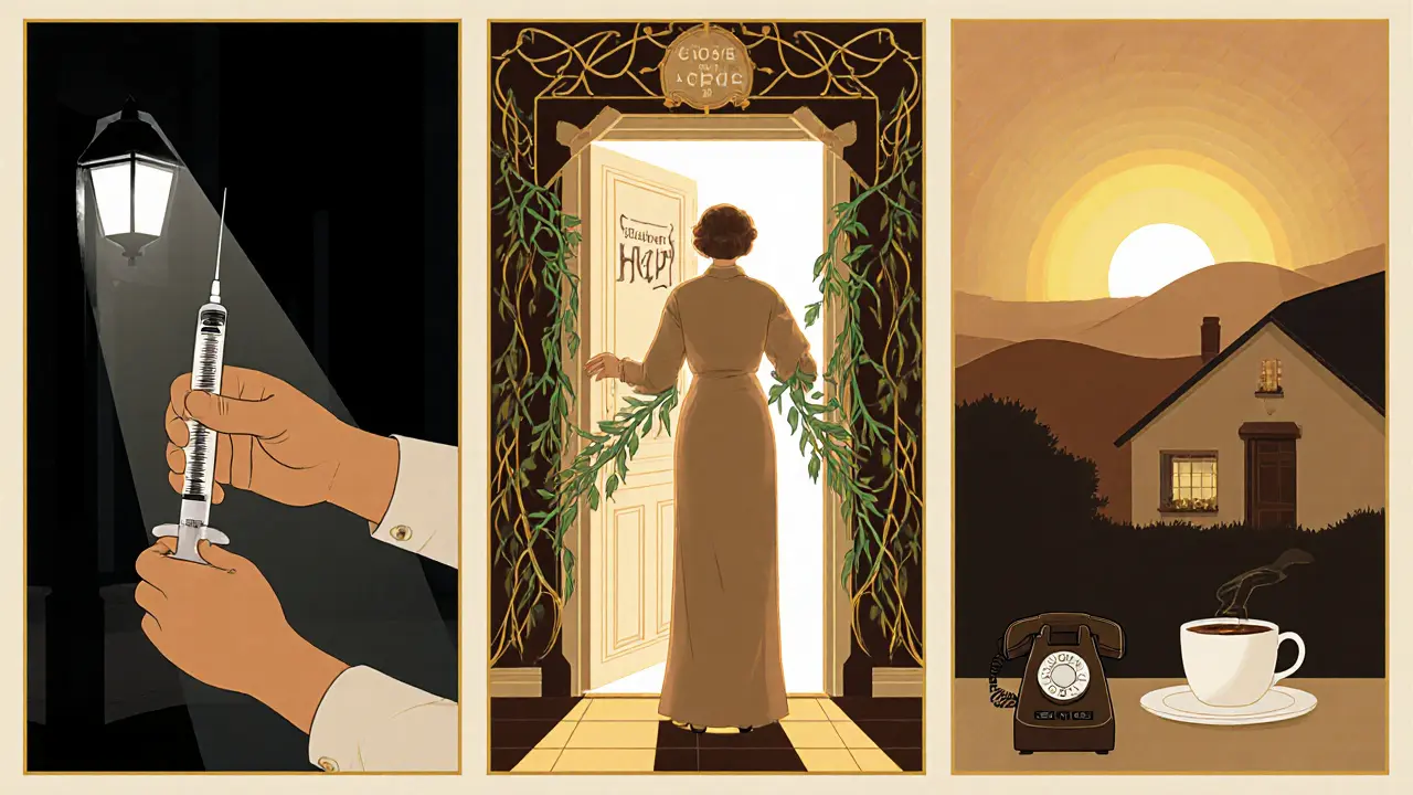 Tři scény krizové intervence: závislost, pomoc a naděje — v stylu Art Nouveau.