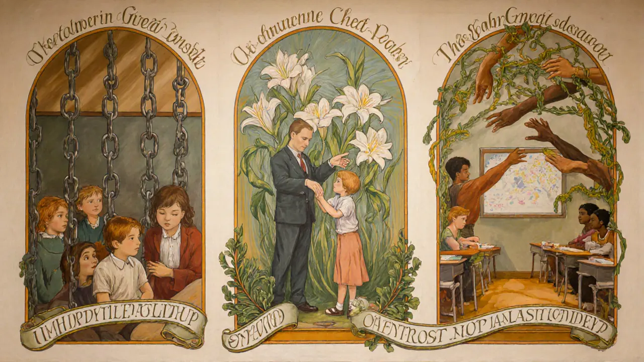 Tři scény školy: z tmy k jasu, kde děti konečně rukama přistupují k sobě v kvetoucím prostředí.