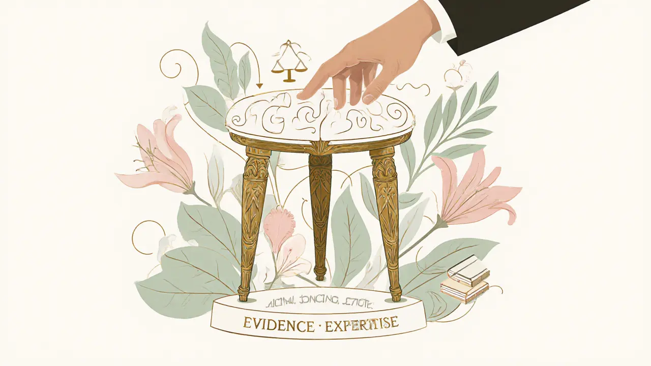 Třínožkový stůl symbolizující důkazy, odbornost a hodnoty klienta, v art nouveau stylu.