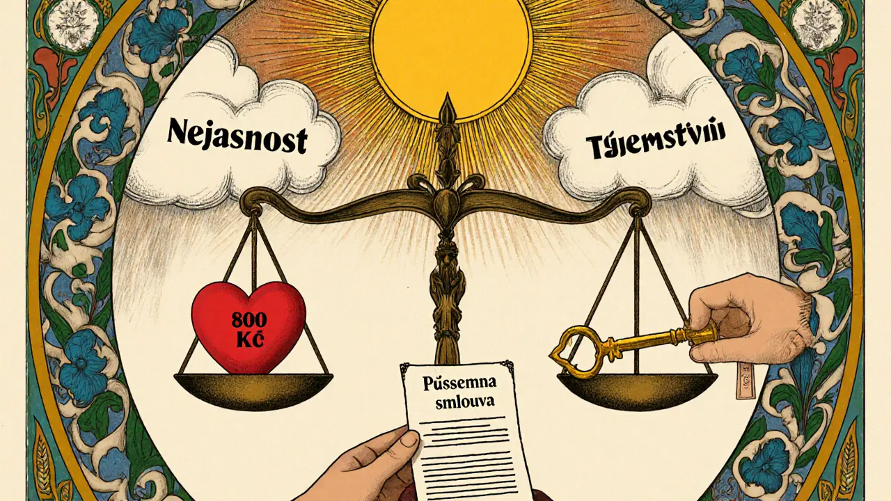 Váhavá váha s srdcem a klíčem v stylu art nouveau, symbolizující jasnost a důvěru v terapii.