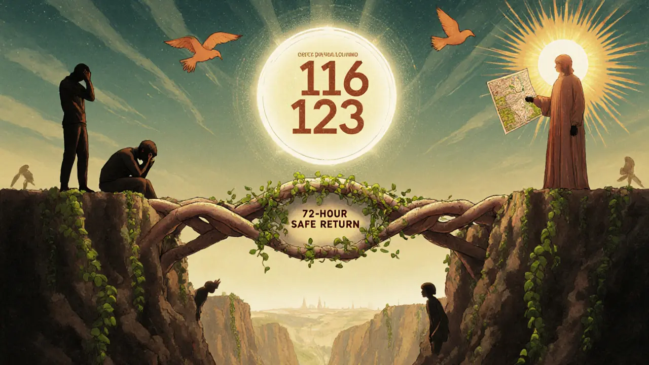 Vázaná ruka na mostě přes temnotu, s označením krizové linky 116 123 v pozadí.