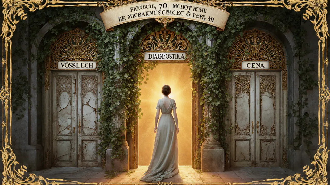 Žena na prahu dveří s nápisem &#039;Vztah&#039;, zatímco staré koncepty terapie za ní praskají a mizí.