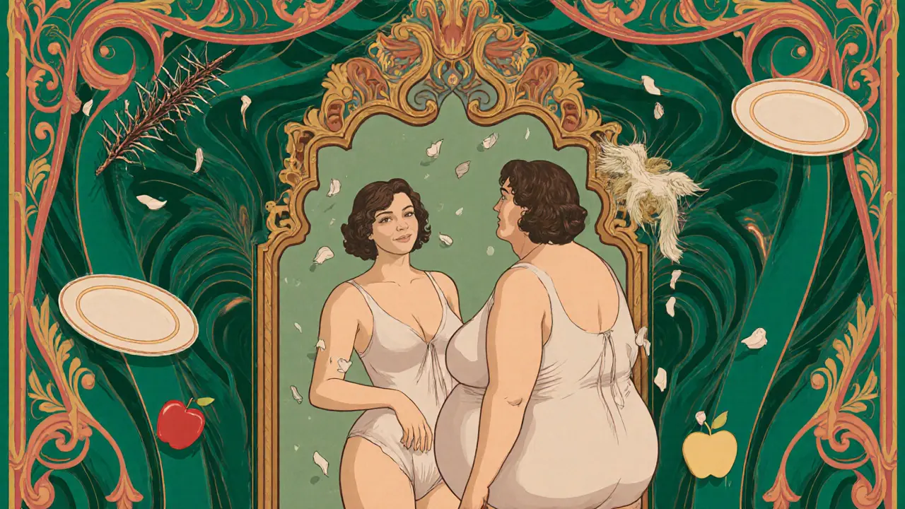 Žena před zrcadlem s dvěma odlišnými odrazem — jedna štíhlá, druhá s pláčem, vyzdobená výraznými Art Nouveau motivy.