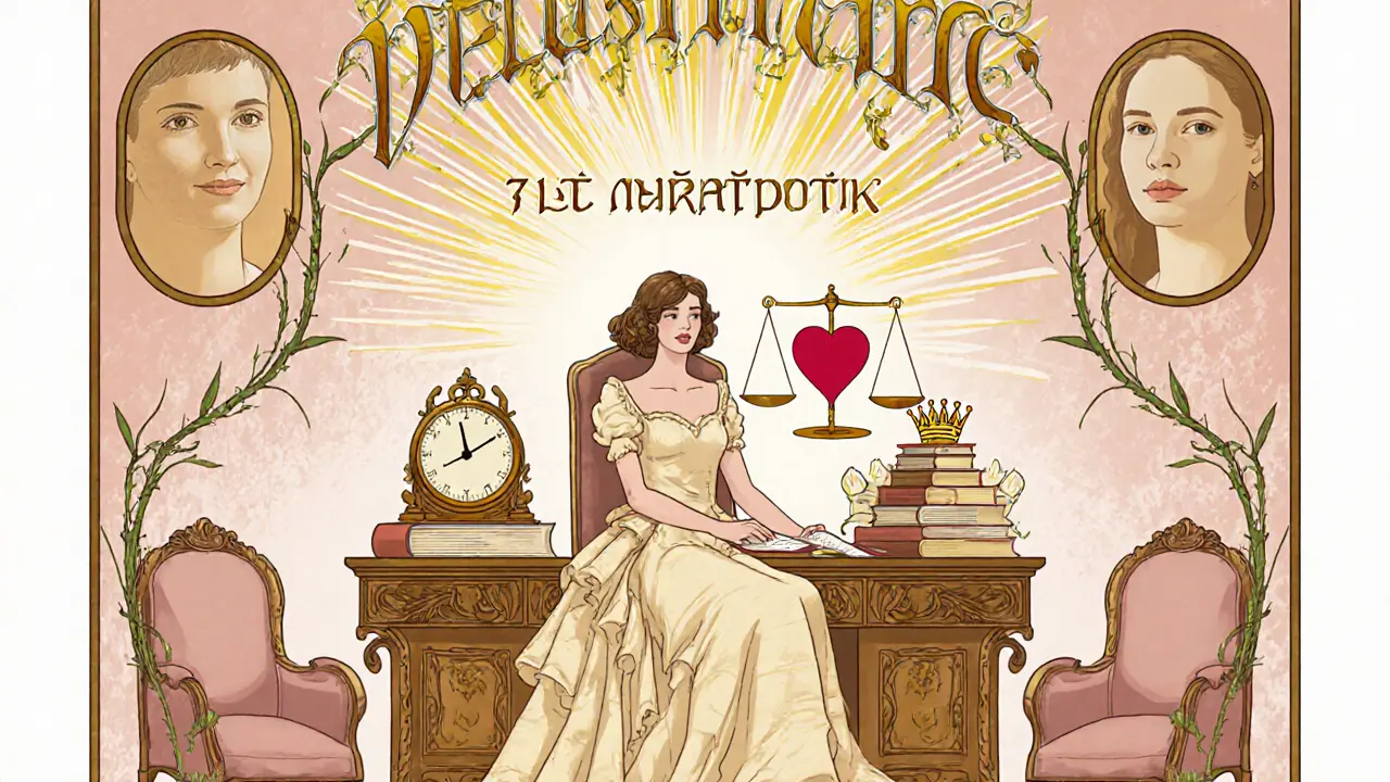 Žena v elegantním šatě, která váží peníze proti srdci, v stylu art nouveau.