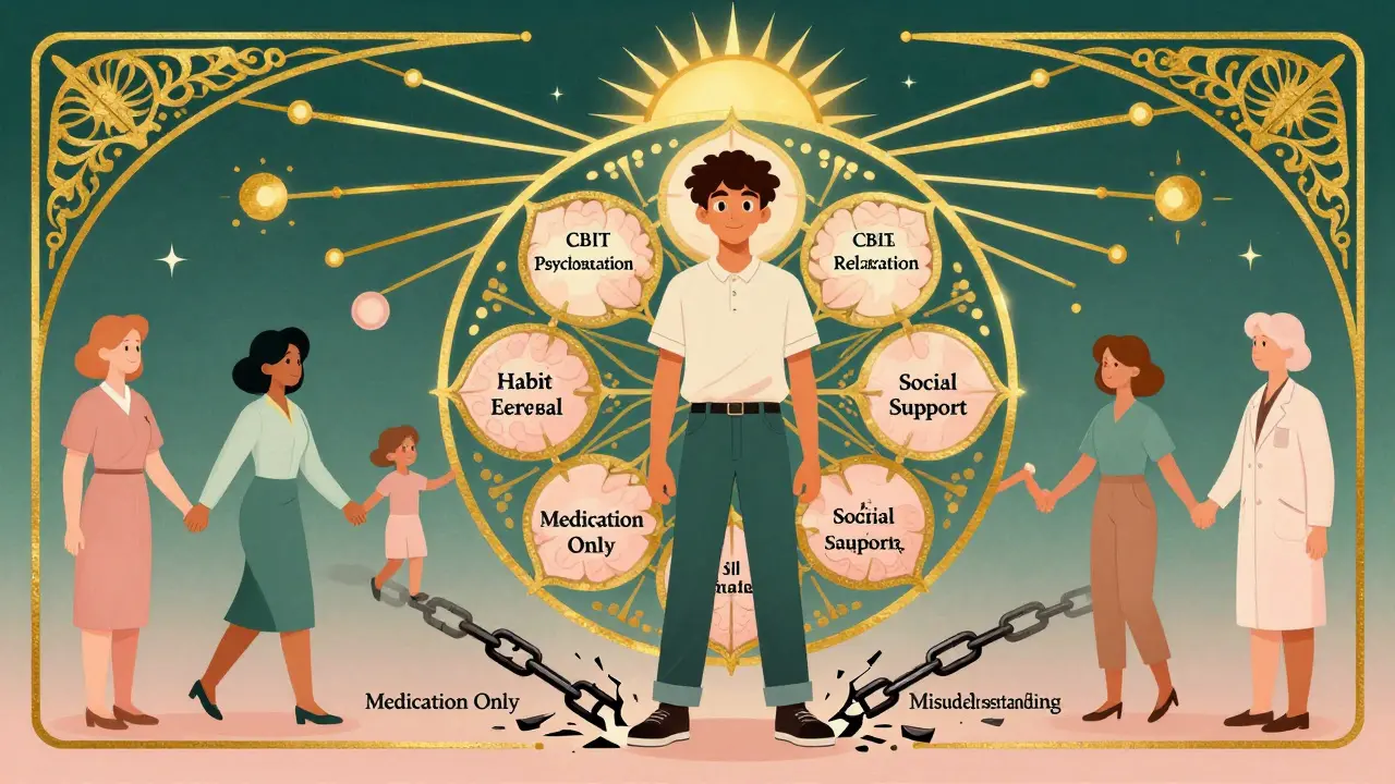 Adolescent v centru mandaly symbolizující CBIT, s rozbitými řetězy minulých přístupů.