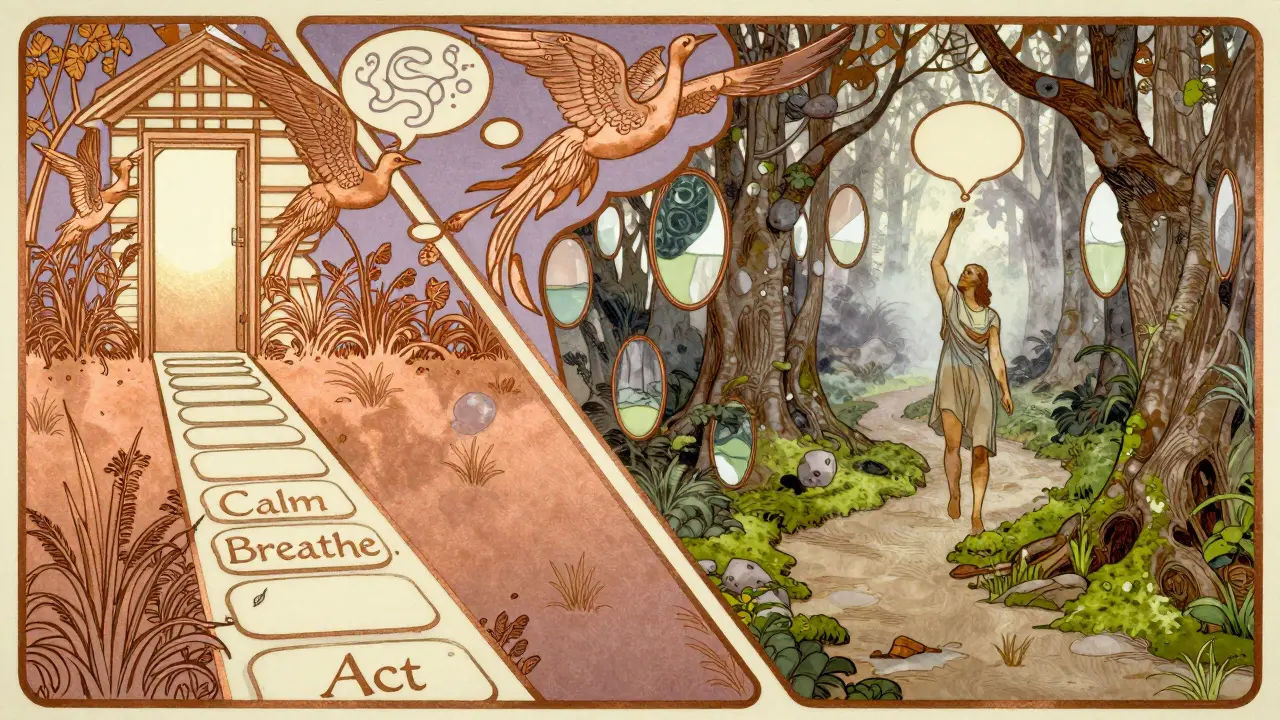 Cesta se dělí na dvě: krátká s kroky k úlevě a dlouhá s odrážejícími zrcadly, obě v stylu Art Nouveau.