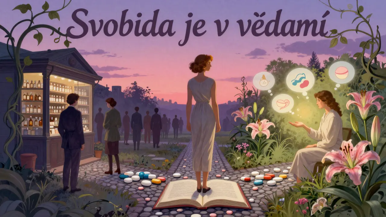 Člověk na křižovatce mezi lékárnou a zahradou terapie, okrasné květiny a větve.