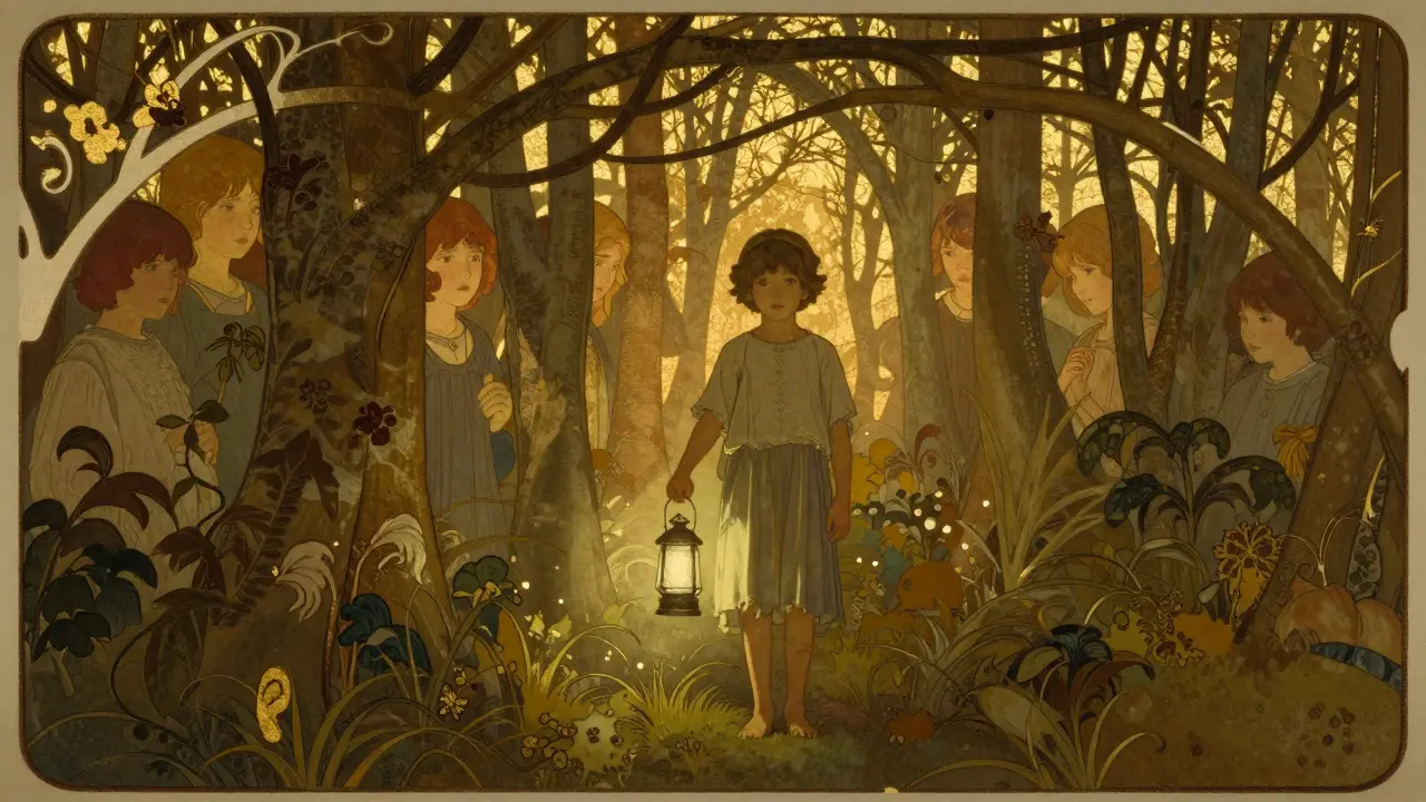 Dítě s lampou stojí před lesm, kde jsou skryté tváře ostatních dětí, symbolizující podporu.