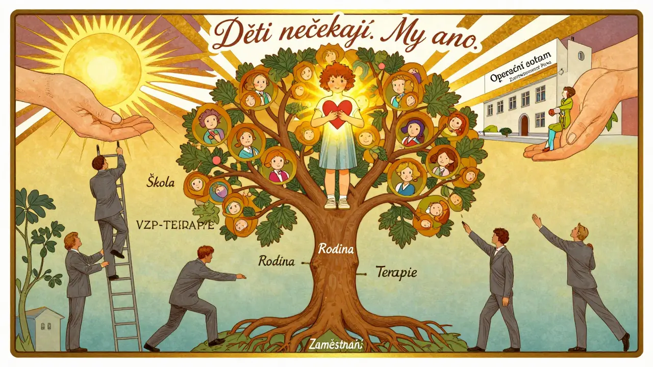 Dítě s osvětleným srdcem na stromě spojujícím školu, rodinu a terapii, symbolizující integrovanou péči.