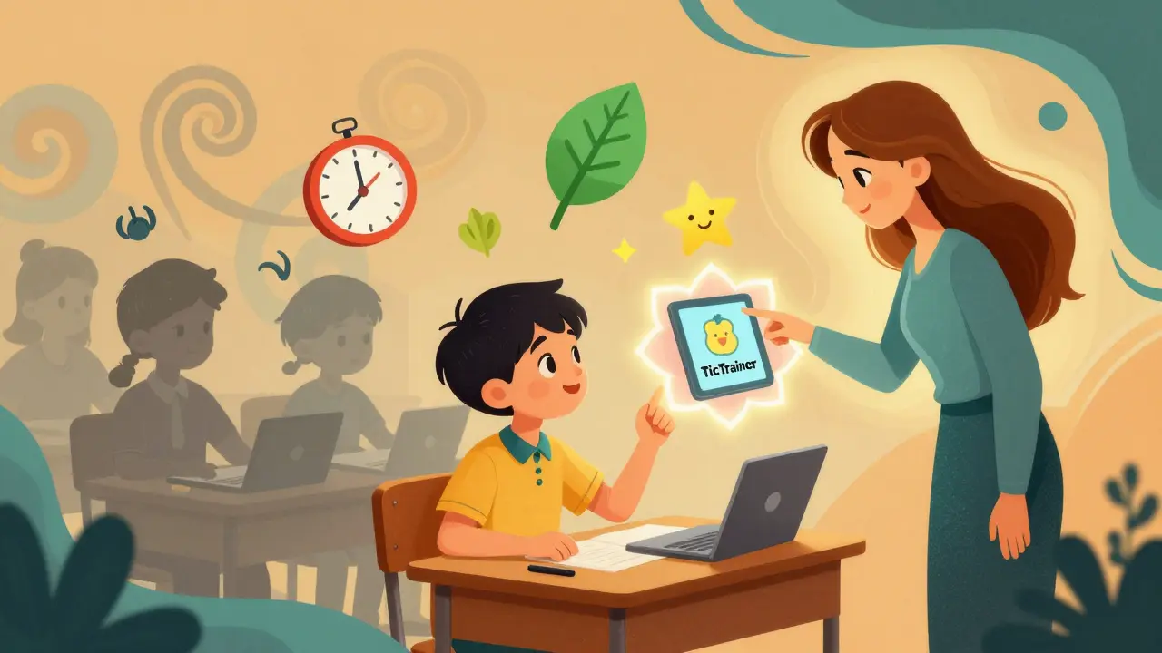Dítě ve třídě sleduje vizuální aplikaci TicTrainer, zatímco učitelka ho podporuje.