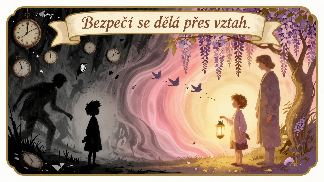 Dítě vystupuje z temnoty do světla pod květou wisterie, drží lampion — přechod z traumatu k bezpečí.